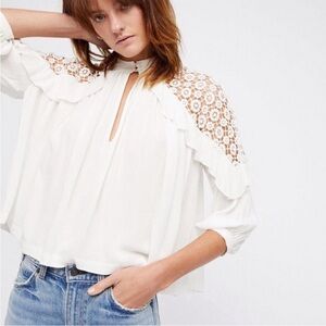 Free People Little bit of love off white lace shoulder shirt with front keyhole